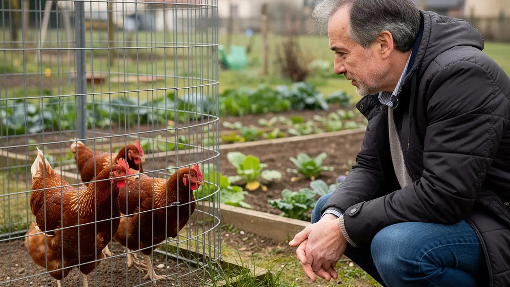 Éleveur amateur observant ses poules en bonne santé dans enclos jardin