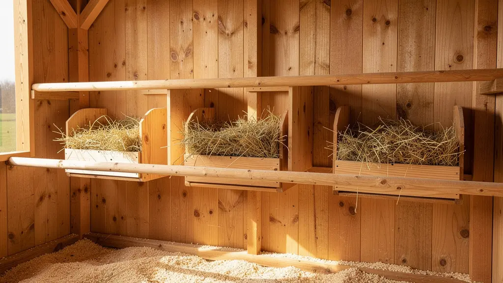 Intérieur de poulailler entretenu avec litière paille fraîche et perchoirs