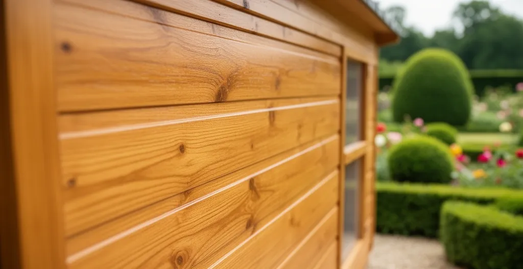 Paroi de poulailler en bois traité à l'huile de lin avec reflets satinés