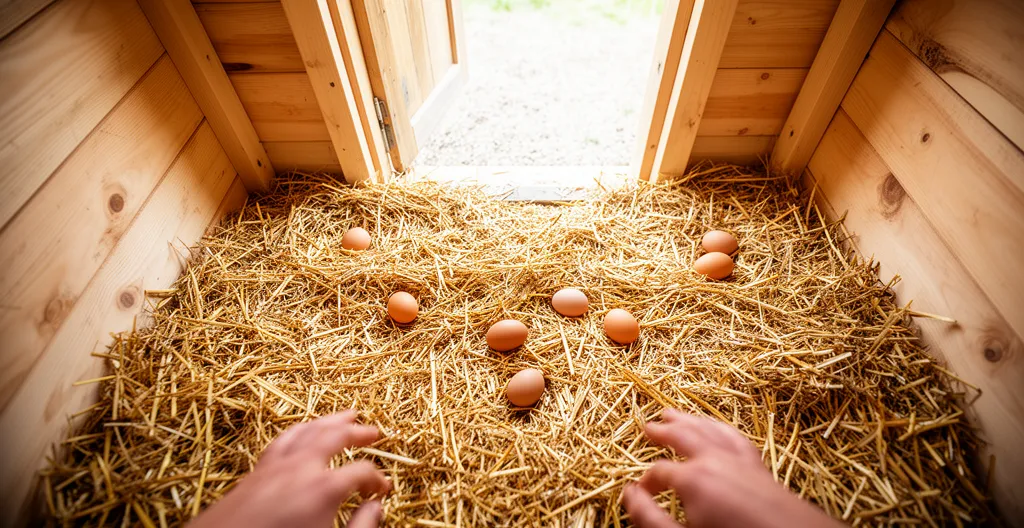 Litière de paille fraîche dans pondoir de poulailler avec œufs