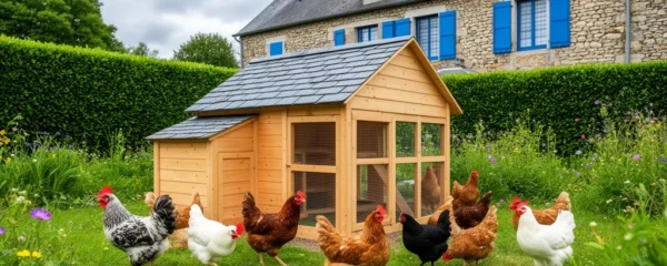 Poulailler en bois bien entretenu dans un jardin avec poules pondeuses en liberté