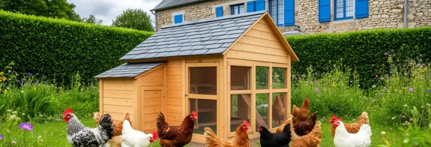 Poulailler en bois bien entretenu dans un jardin avec poules pondeuses en liberté