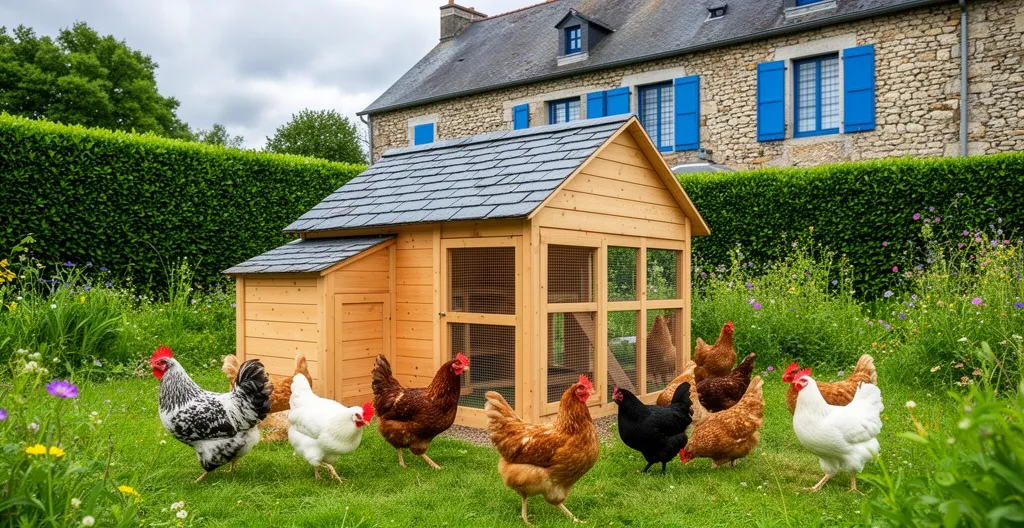 Poulailler en bois bien entretenu dans un jardin avec poules pondeuses en liberté