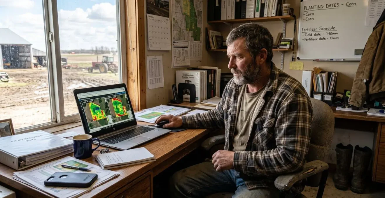 Agriculteur analysant une carte parcellaire colorée sur un ordinateur portable posé sur une table dans une exploitation agricole