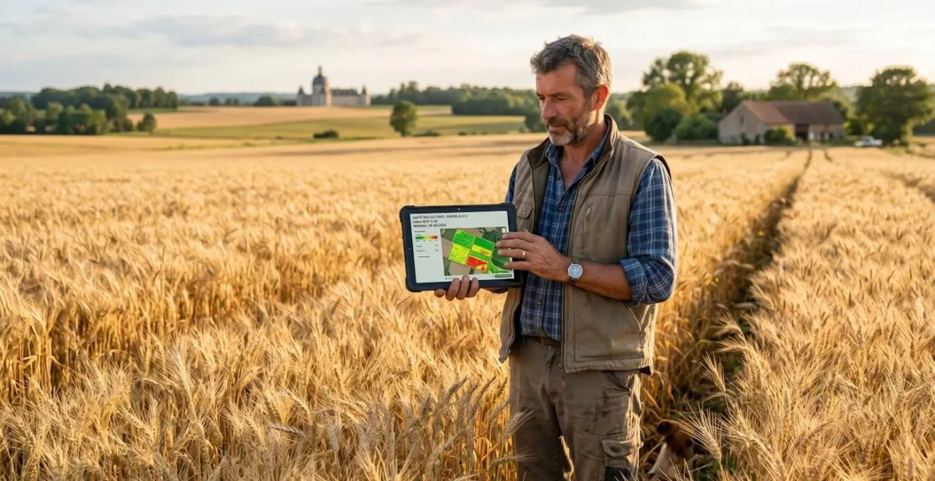 Agriculteur consultant des données de surveillance de cultures sur une tablette numérique au milieu d'un champ de céréales