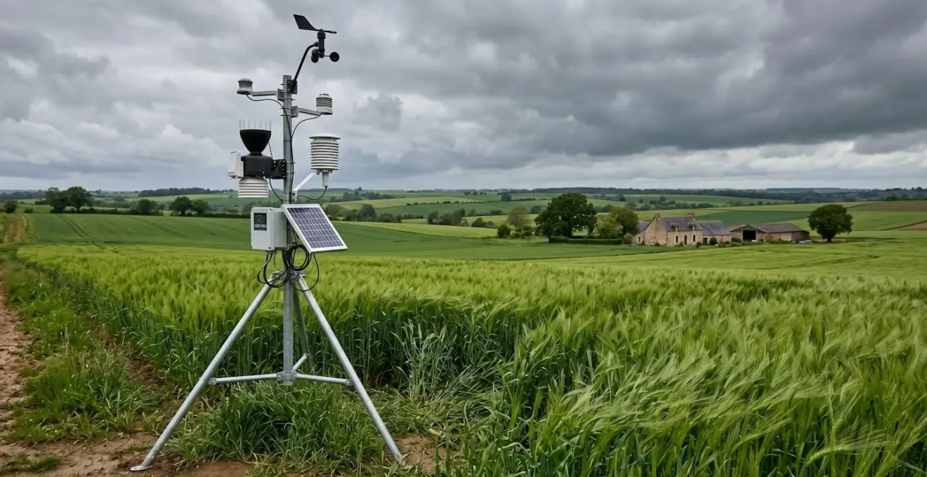 Station météo connectée installée dans un champ de céréales, capteurs visibles, ciel nuageux en arrière-plan