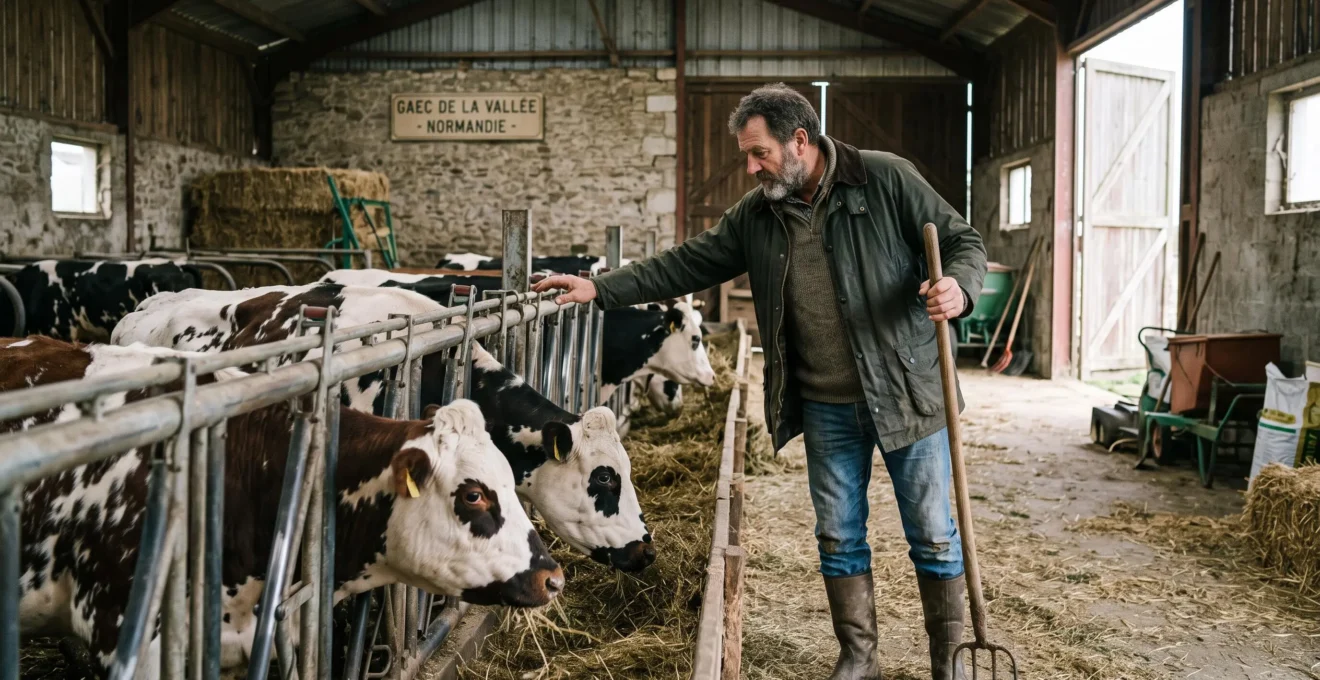 Éleveur en tenue de travail surveillant ou nourrissant des bovins laitiers dans une stabulation ou pâture française sous lumière naturelle