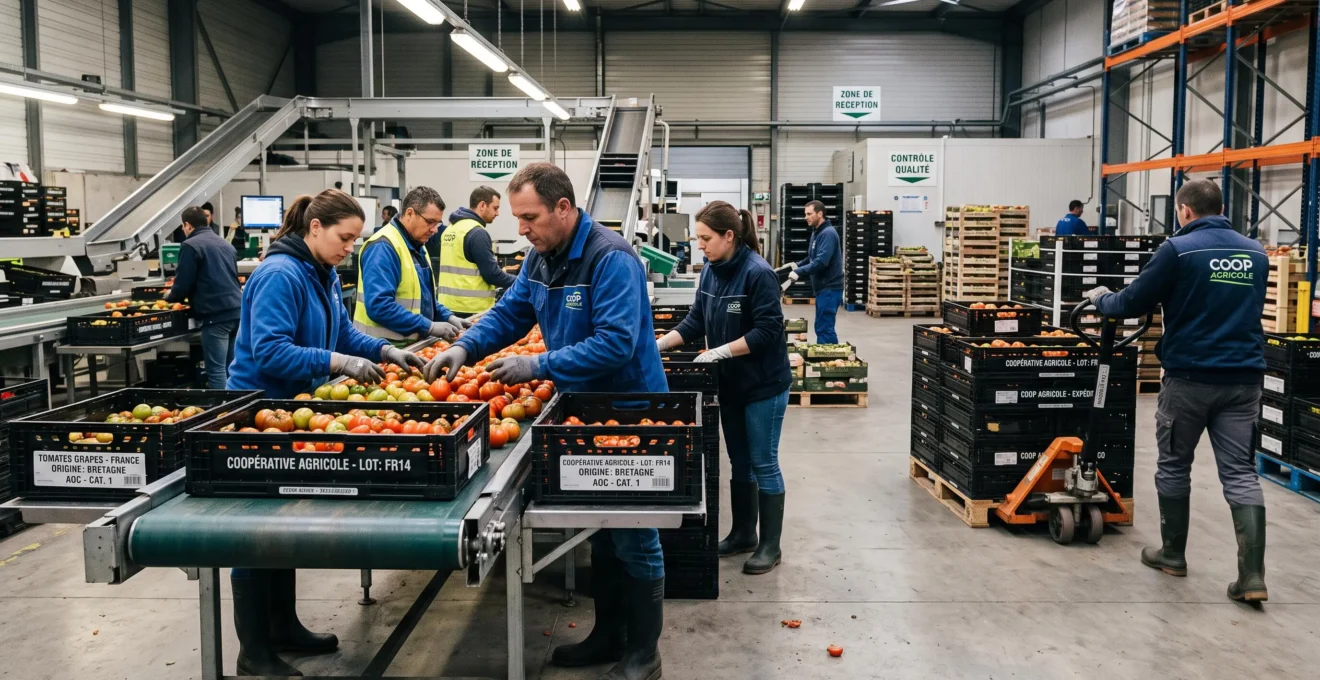 Employés d'une coopérative agricole française en train de trier et conditionner des productions végétales sur un quai de réception avec matériel de manutention