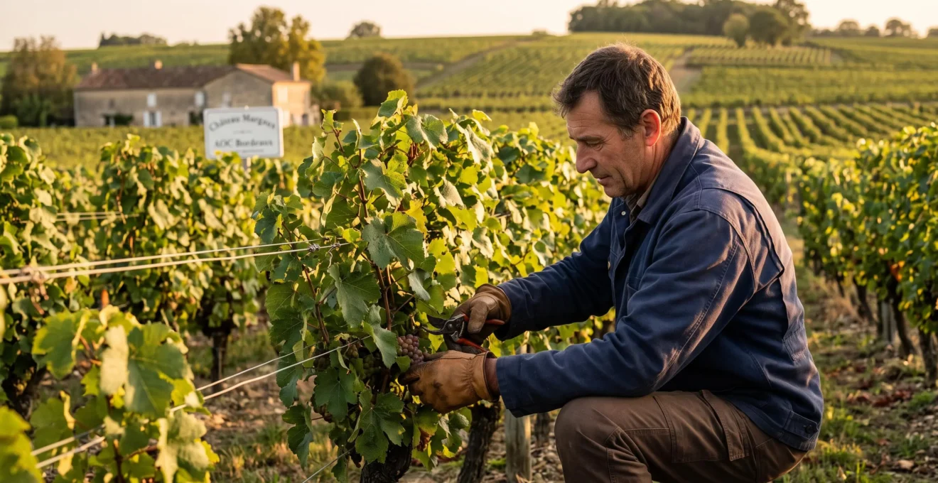 Vigneron en tenue de travail taillant ou inspectant des vignes dans un vignoble français sous lumière dorée d'après-midi