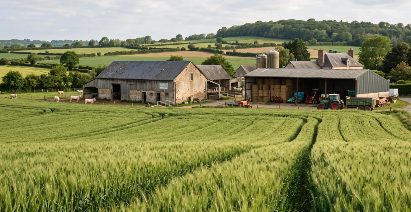 Vue d'ensemble d'une exploitation agricole française polyvalente avec parcelles de grandes cultures au premier plan et bâtiments d'élevage à l'arrière-plan sous lumière naturelle