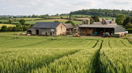 Vue d'ensemble d'une exploitation agricole française polyvalente avec parcelles de grandes cultures au premier plan et bâtiments d'élevage à l'arrière-plan sous lumière naturelle